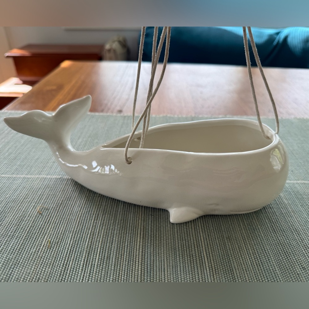 Vintage Style White Ceramic Hanging Whale Planter Succulent Pot 10”